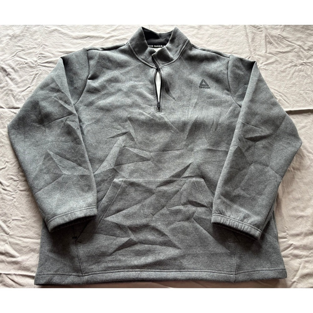 Reebok Mens XL Gray Quarter Zip Pullover Athletic Sweatshirt Kangaroo Pocket